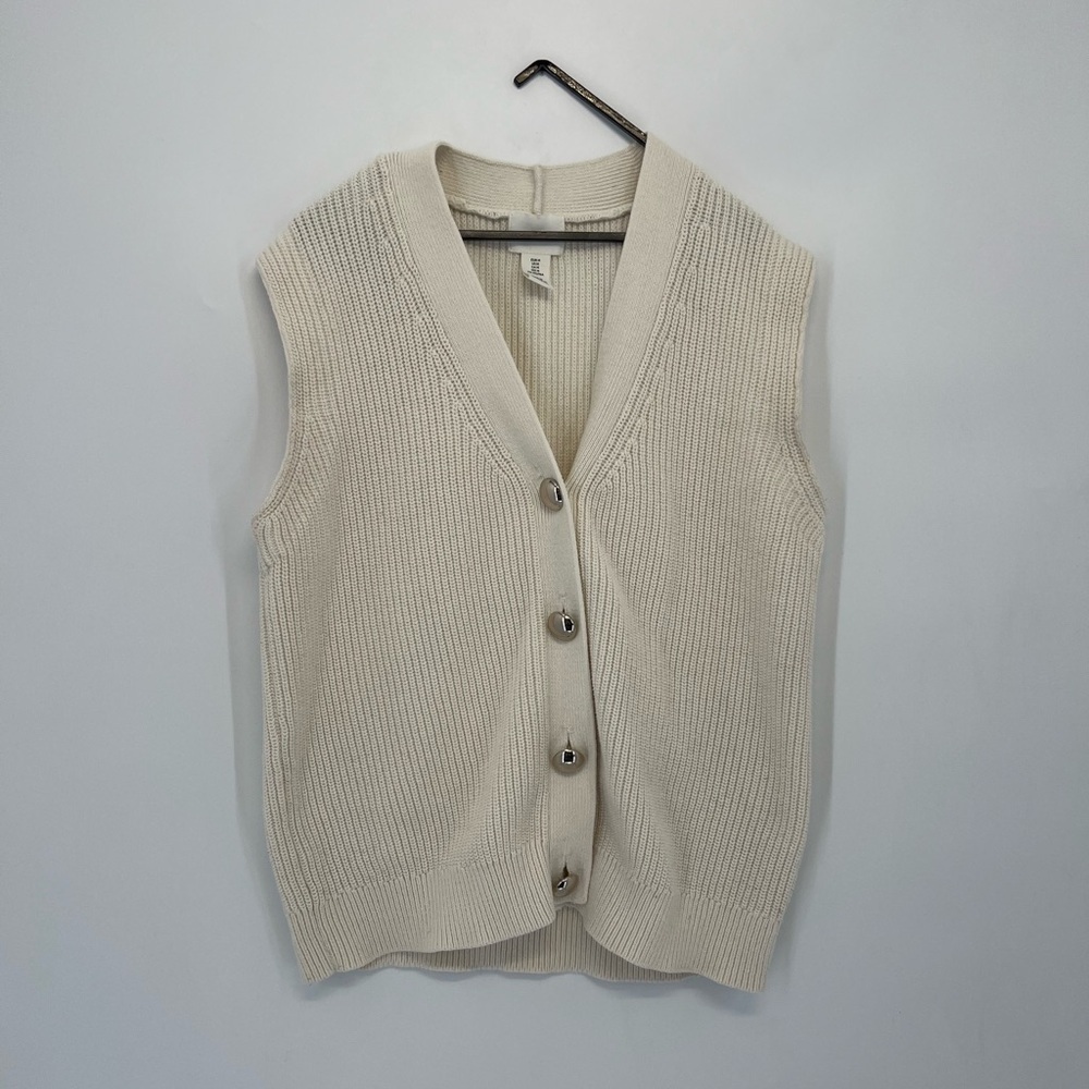 H&M Rib Knit Big Metal Button Sweater Vest In Cream